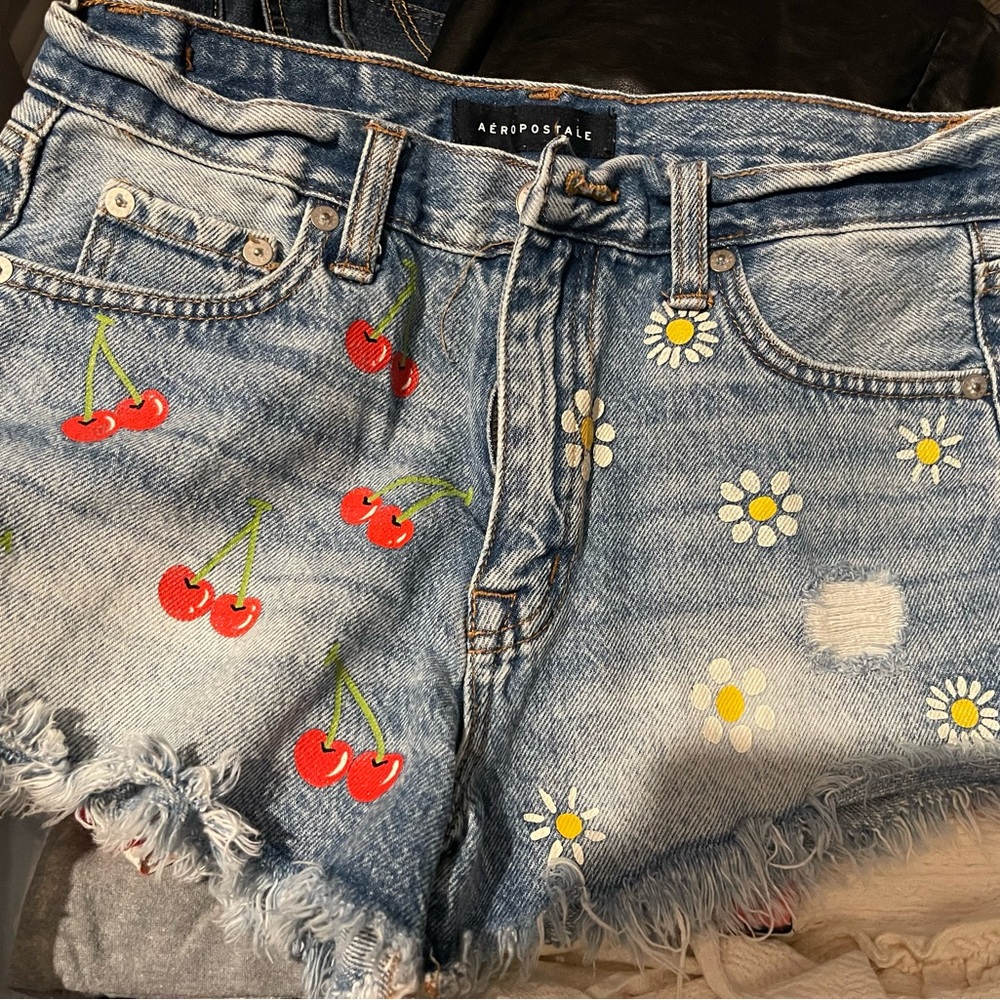 Aeropostale Women's Blue Denim Shorts with Cherry and Daisy Print